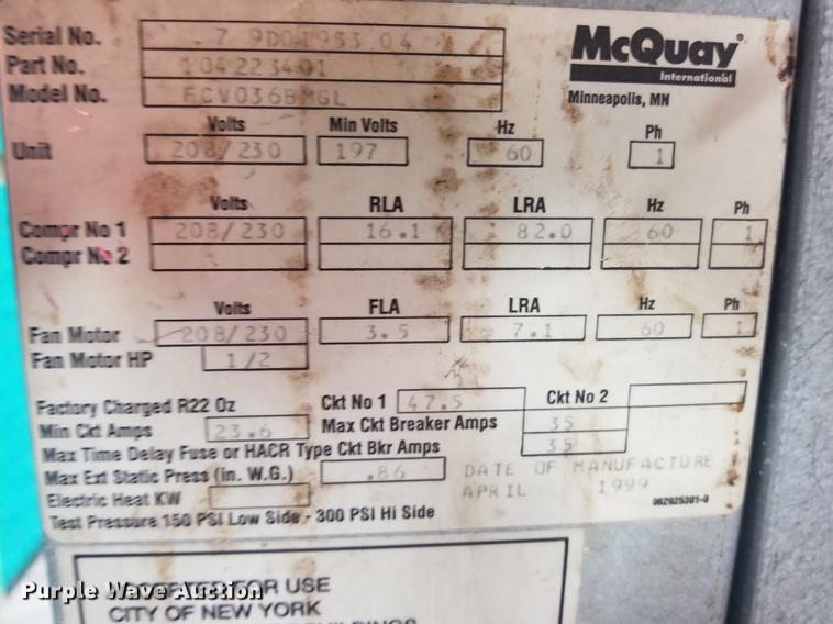 image for item G1339 1999 McQuay water source air handler