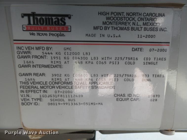 image for item DC3779 2001 GMC Savana G3500 Cargo Thomas school bus
