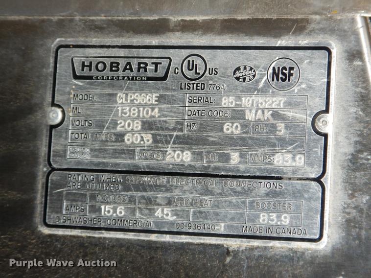 image for item EW9550 Hobart CLP966E dishwasher