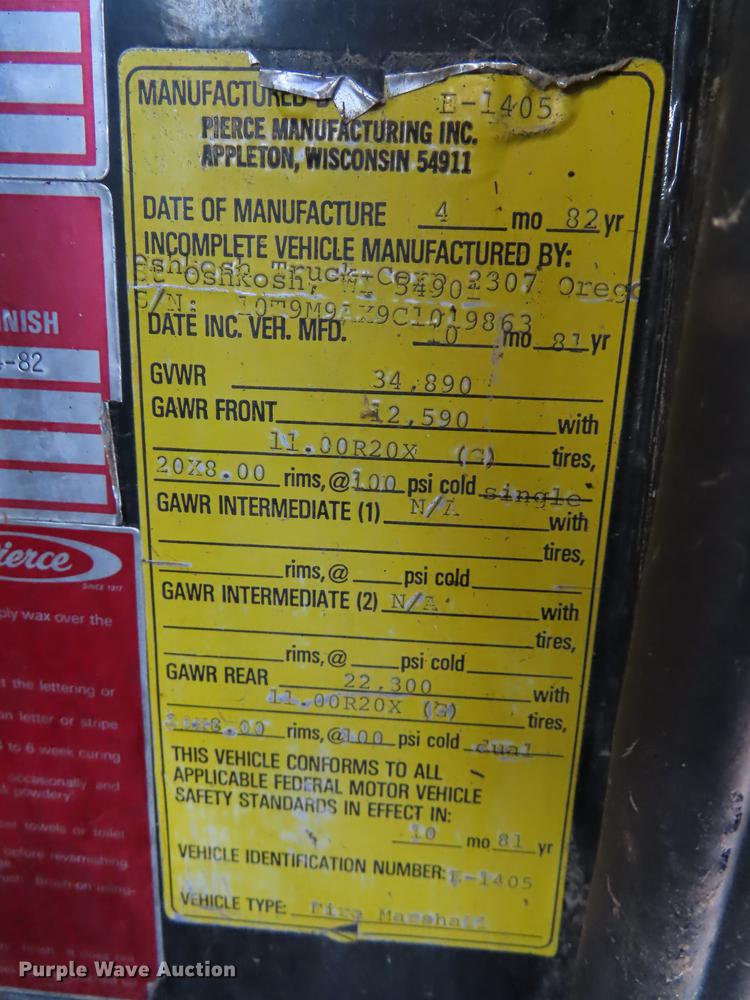 image for item EI9998 1982 Pierce Arrow V-1324M fire truck