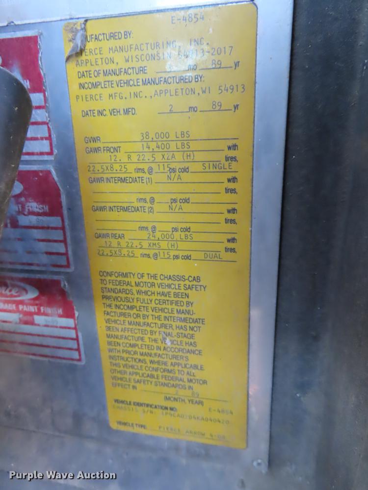 image for item EI9999 1989 Pierce Arrow E4854 fire truck