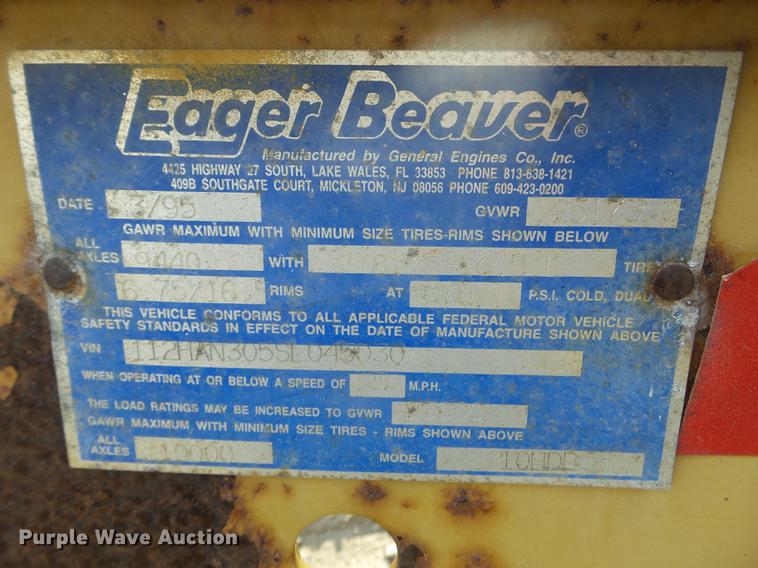image for item DX9578 1995 Eager Beaver 10HDB equipment trailer