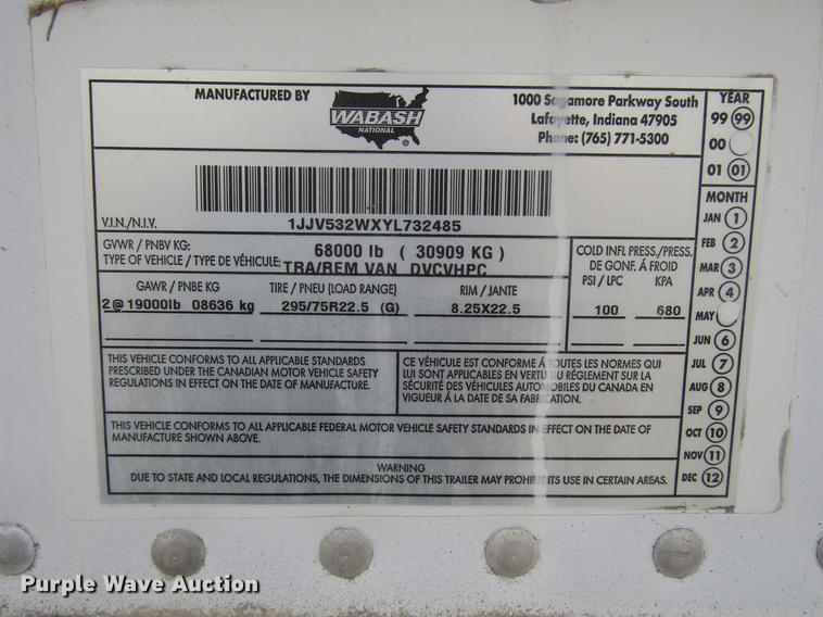 image for item DD3784 2000 Wabash dry van trailer