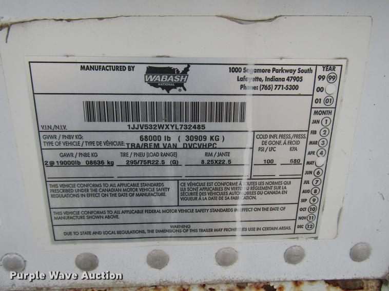 image for item DD3784 2000 Wabash dry van trailer