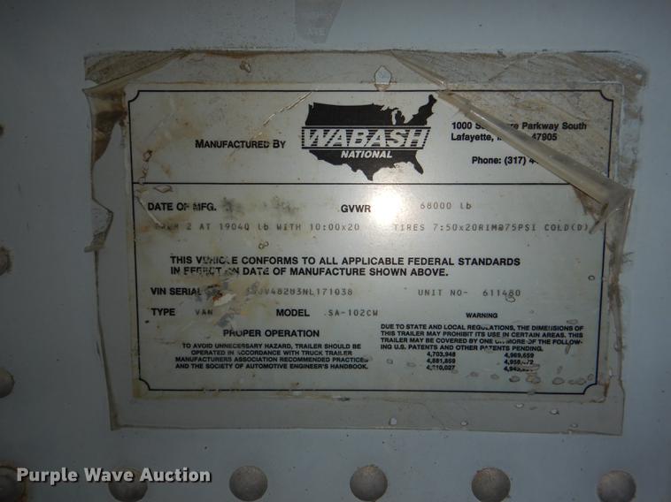 image for item DF1983 1992 Wabash SA-102CW dry van trailer