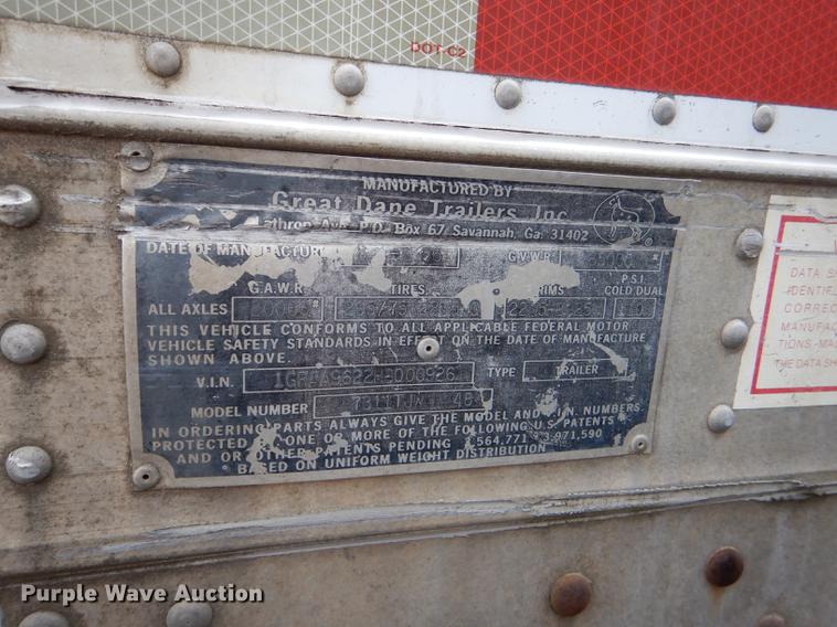 image for item DF1993 1987 Great Dane 7311TJW dry van trailer