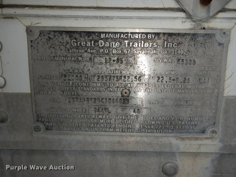 image for item DF1997 1986 Great Dane 744TL dry van trailer