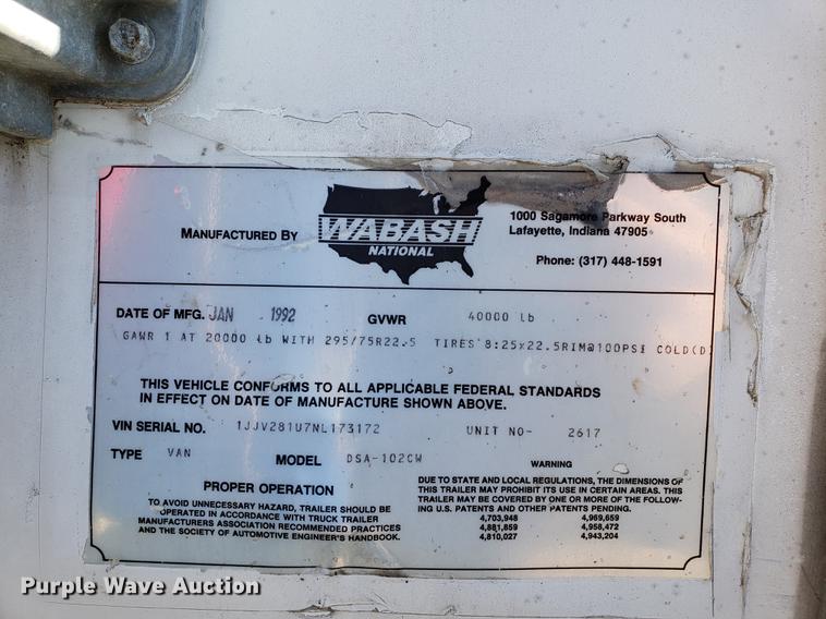 image for item AV9471 1992 Wabash DSA-102CW dry van trailer