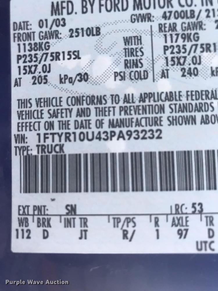 image for item DF1521 2003 Ford Ranger pickup truck