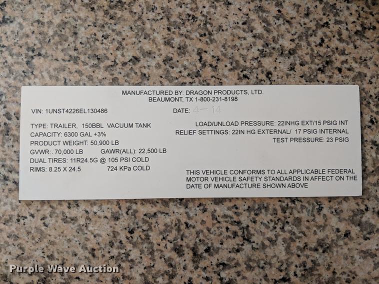 image for item FE9544 2014 Dragon 150BBL vacuum tank trailer