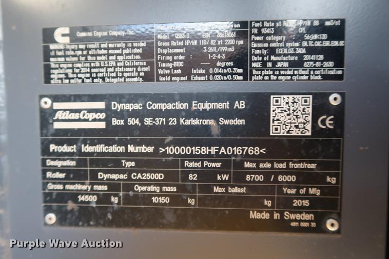 image for item DG3303 2015 Dynapac CA2500D single drum vibratory roller