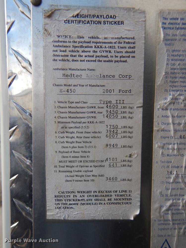 image for item DE0006 2001 Ford Econoline E450 Super Duty ambulance