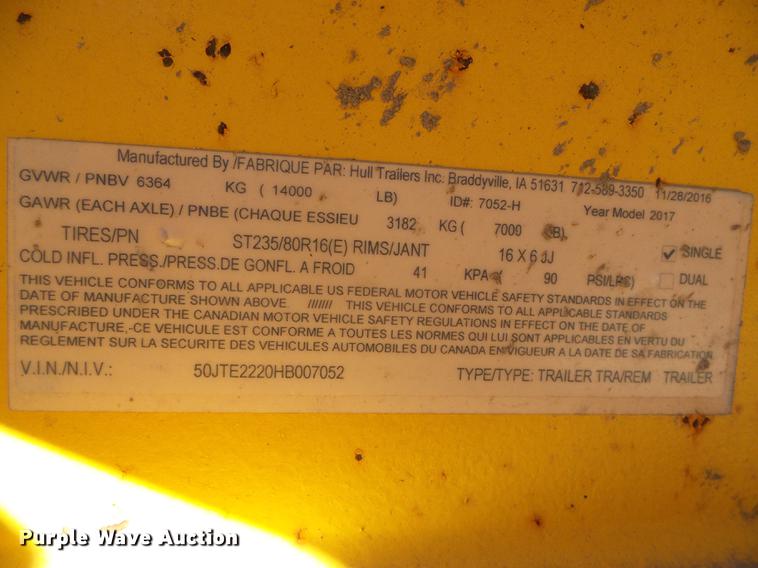 image for item DF2880 2017 Stateline TE222 utility trailer