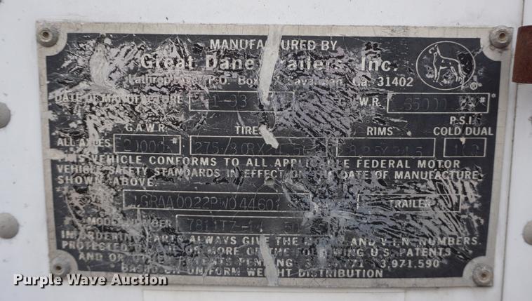 image for item DE3335 1993 Great Dane 7811TZ-1W50 dry van trailer