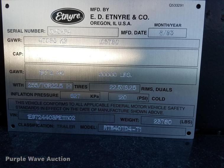 image for item DE7544 1993 Entyre lowboy equipment trailer