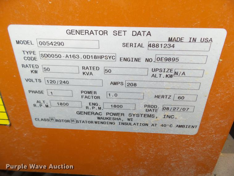 image for item EM9057 2007 Generac Power Systems 0054290 generator