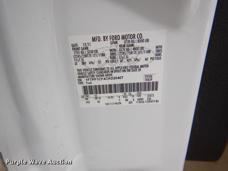 image for item DE0087 2012 Ford F150 XL pickup truck