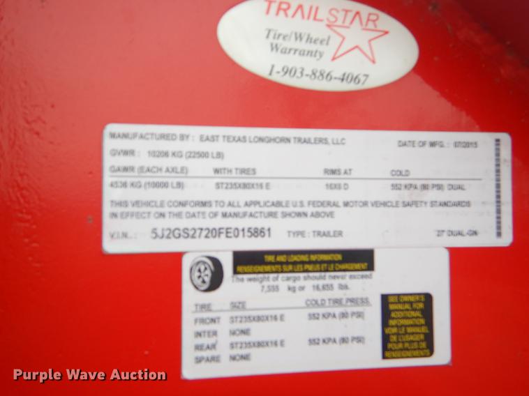image for item ER9435 2015 East Texas Longhorn equipment trailer