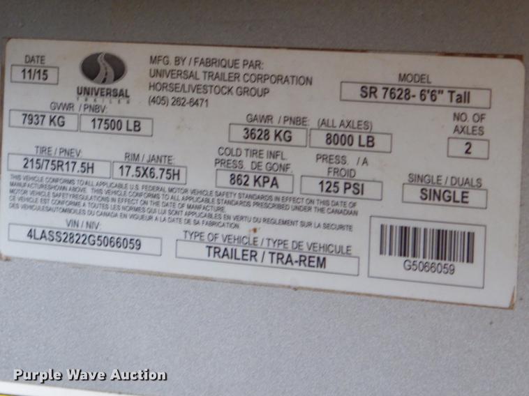 image for item ER9445 2015 Sooner SR7628 livestock trailer