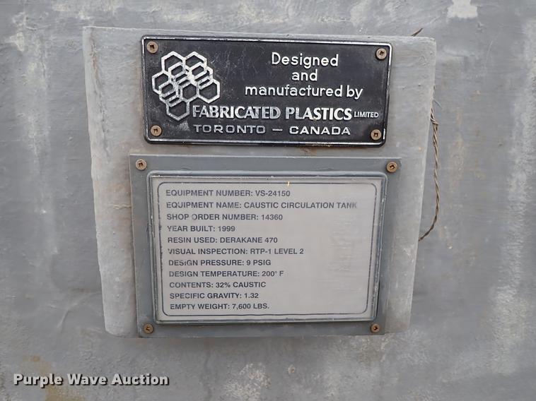 image for item DF8690 1999 Fabricated Plastics caustic circulation tank