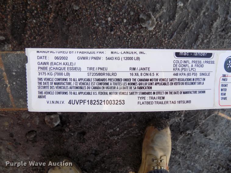 image for item DE7583 2002 Maclander 18TSLWB utility trailer