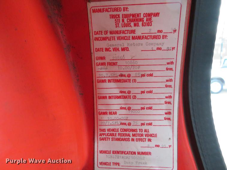 image for item DG3841 1991 Chevrolet Kodiak dump truck