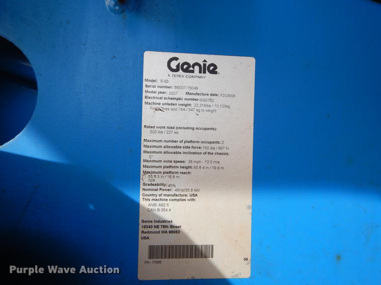 image for item FQ9566 2007 Genie S65 boom lift