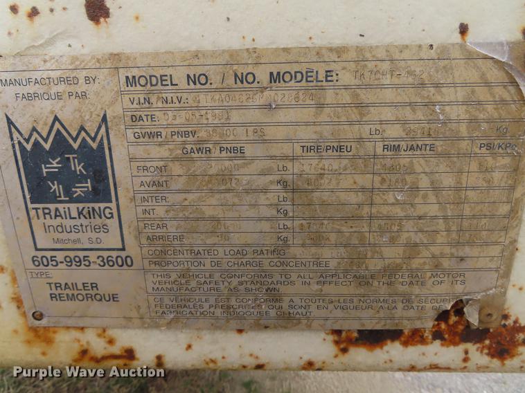 image for item B3707 1991 Trail King TK70HT462 drop deck equipment trailer
