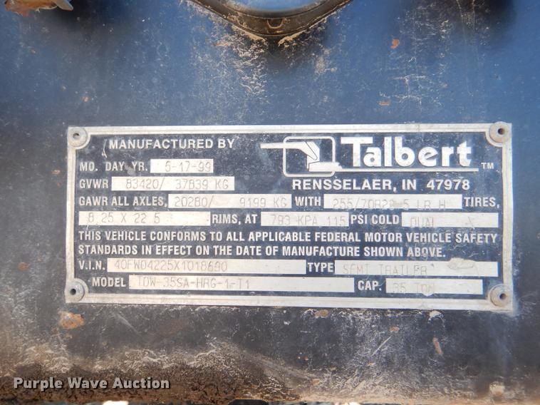 image for item DE0048 1999 Talbert HTR9 lowboy equipment trailer
