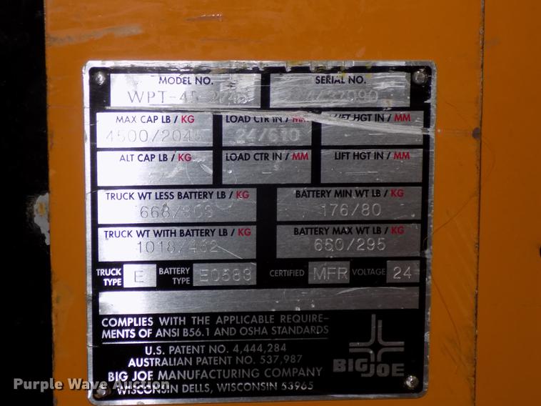 image for item DZ9638 2011 Big Joe WPT-45-2745 electric pallet jack