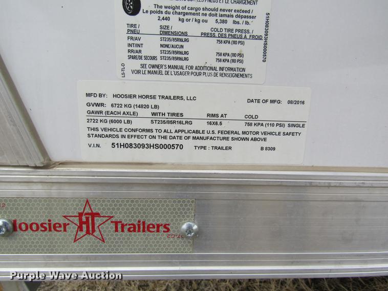 image for item DB4925 2017 Hoosier B8309 horse trailer