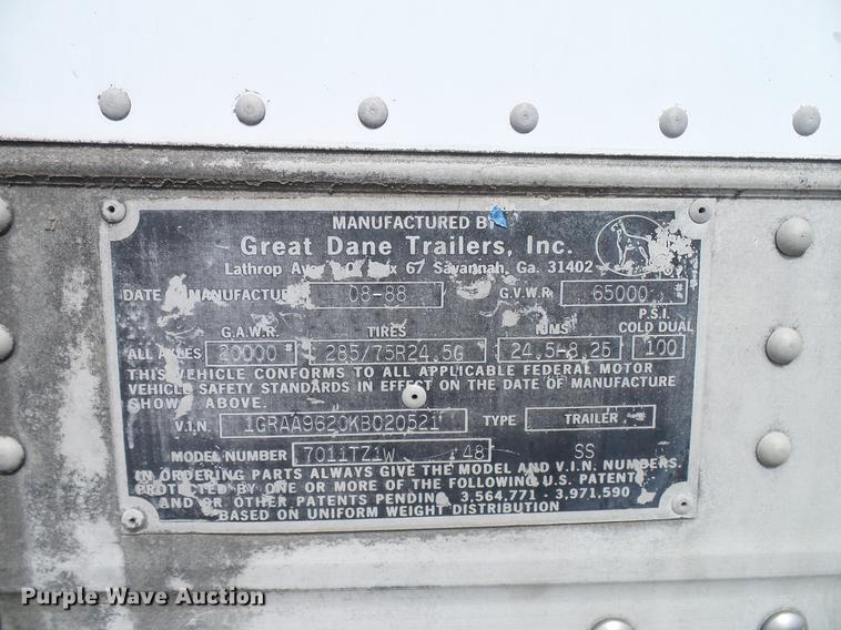 image for item DD6011 1989 Great Dane 7011T21W48 refrigerated van trailer