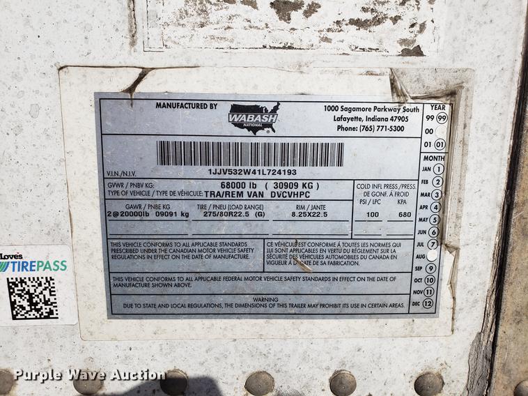 image for item EN9785 2001 Wabash dry van trailer