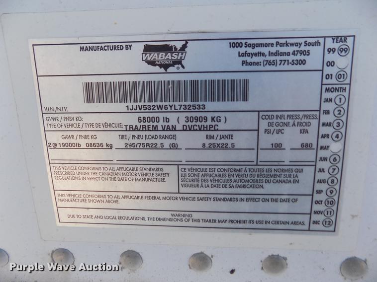 image for item FH9170 2000 Wabash dry van trailer