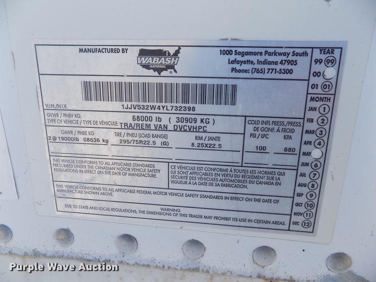 image for item FH9171 2000 Wabash dry van trailer