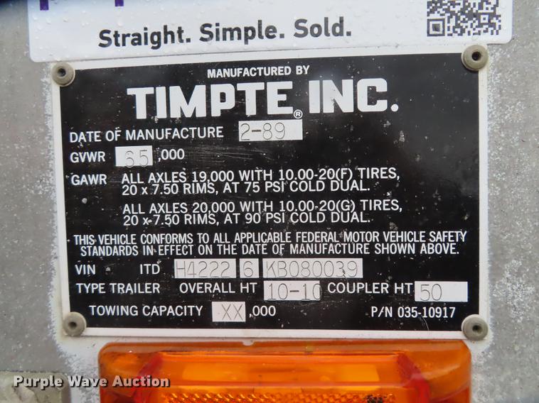 image for item L1488 1989 Timpte Super Hopper double hopper bottom grain trailer