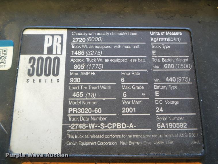 image for item EQ9057 2001 Crown PR3020-60 pallet jack
