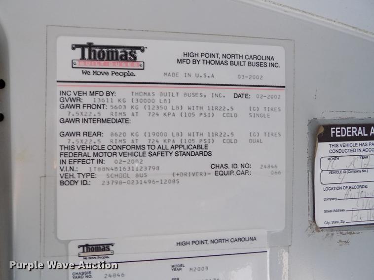 image for item DE1156 2003 Thomas Built Saf-T-Liner MVP EF school bus