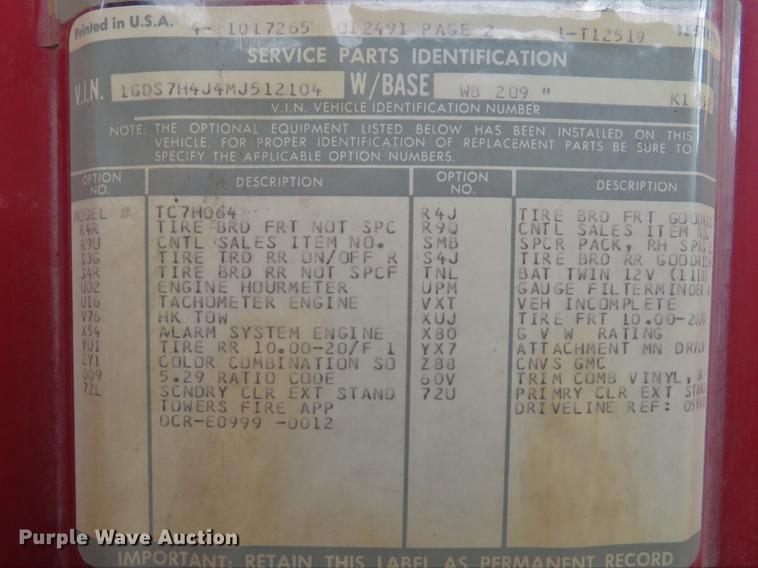 image for item EV9636 1991 GMC TopKick C6500 SL fire truck