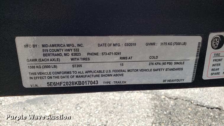 image for item EN9915 2019 Mid-america utility trailer