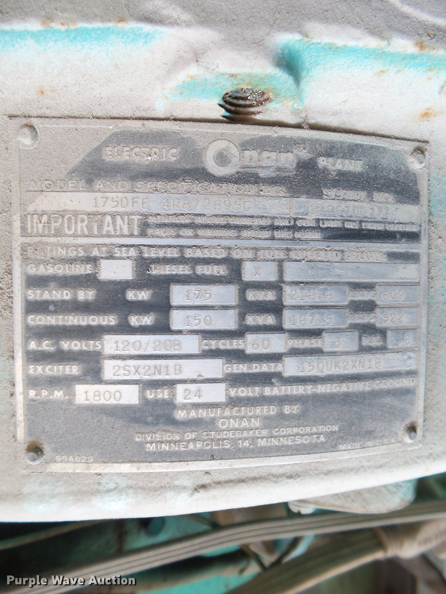 Onan 1750FE generator in Des Moines, IA Item EM9159 sold Purple Wave