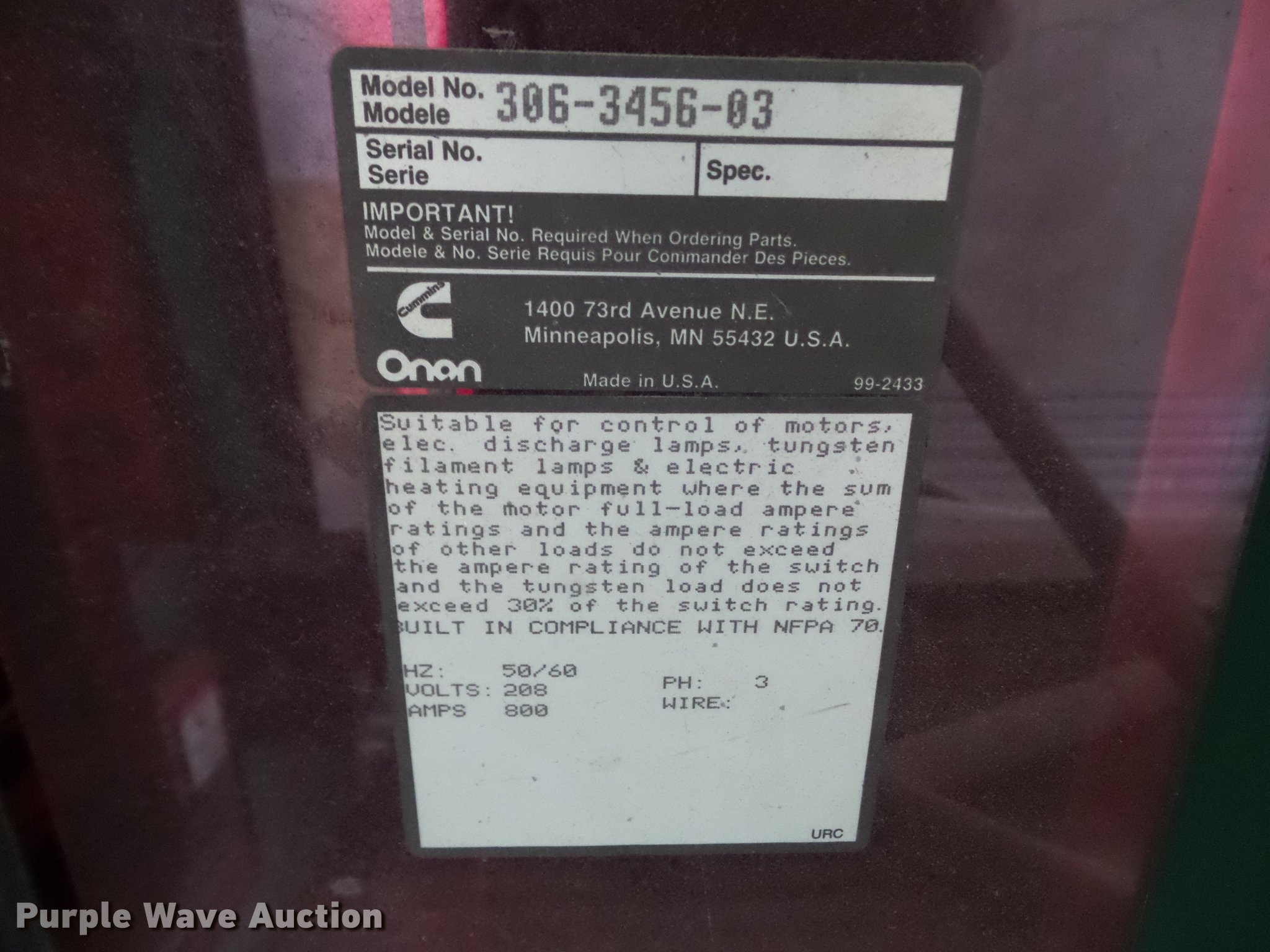 Onan 1750FE generator in Des Moines, IA Item EM9159 sold Purple Wave