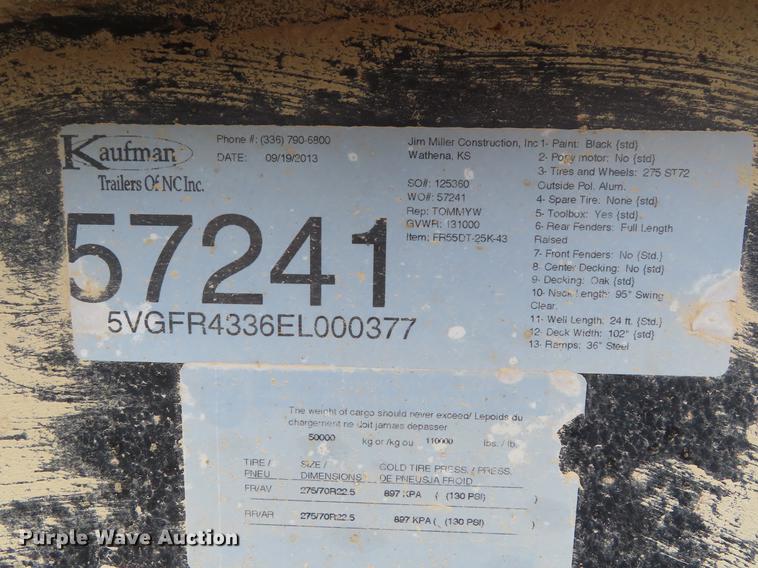 image for item DE3401 2014 Kaufman FR55DT-25K-43 lowboy equipment trailer