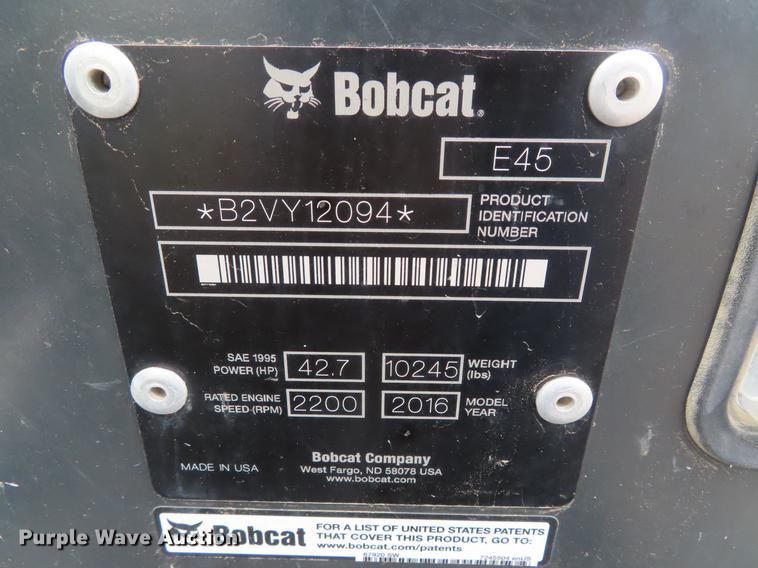 image for item DF7832 2016 Bobcat E45 mini excavator