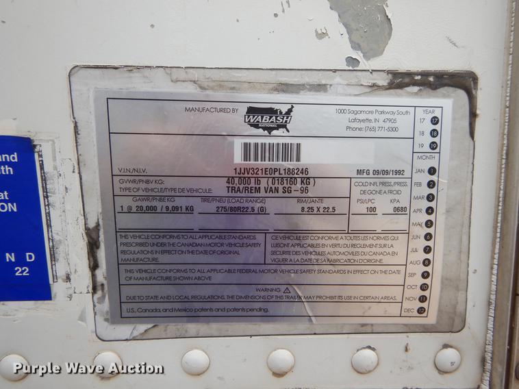 image for item DC0220 1993 Wabash TRA/REMVan5896 dry van trailer