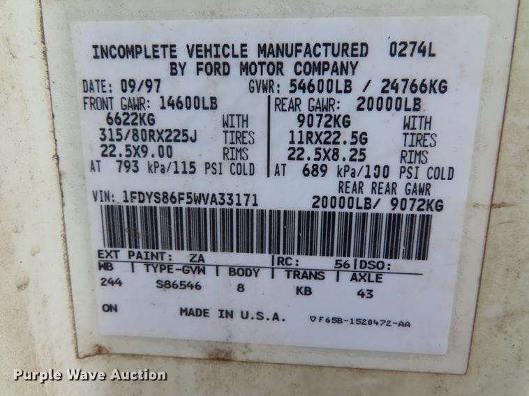 image for item DE3508 1998 Ford LT8513 Louisville 113 semi truck