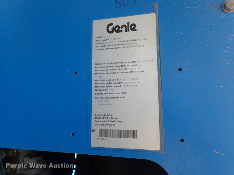 image for item DE5353 2002 Genie S125 boom lift