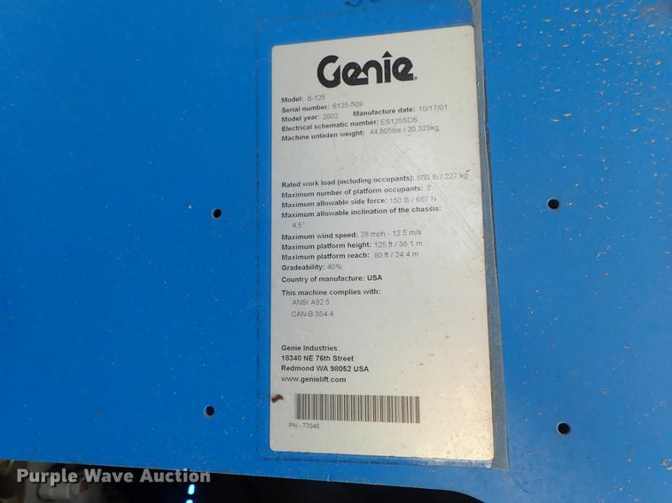 image for item DE5353 2002 Genie S125 boom lift