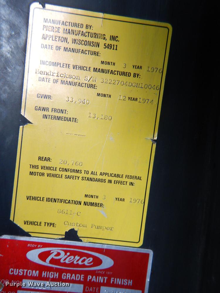 image for item DE0007 1976 Pierce Hendrickson FTCO-2070 fire truck