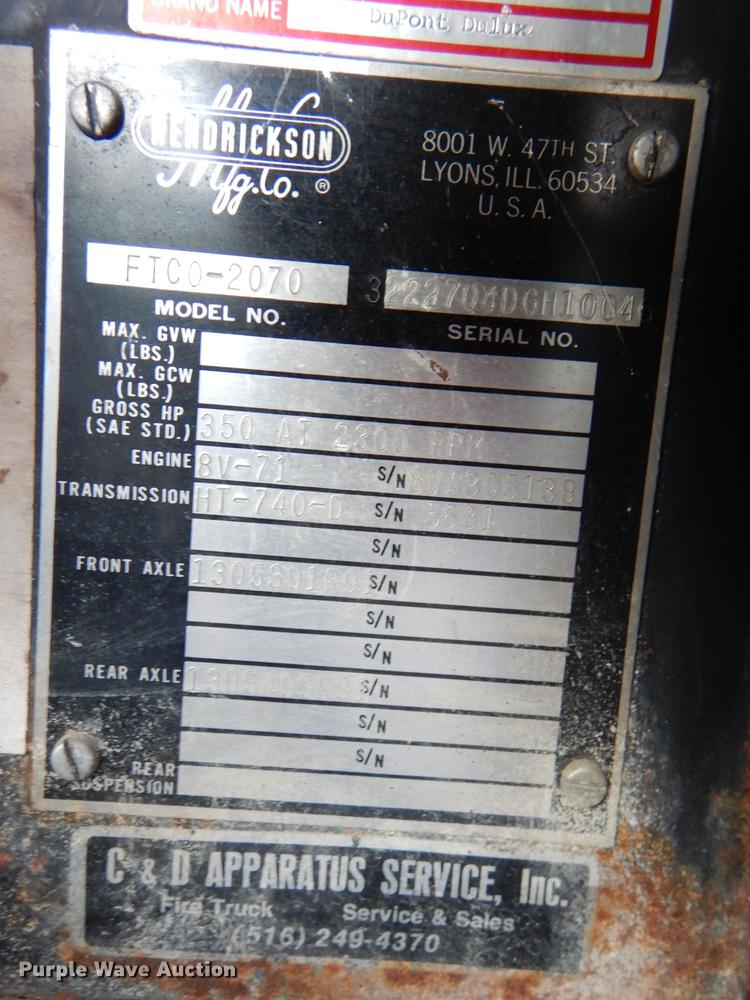 image for item DE0007 1976 Pierce Hendrickson FTCO-2070 fire truck